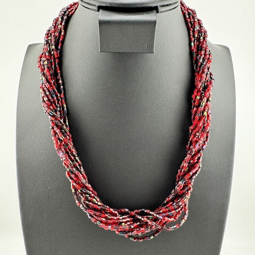 Vintage Twisted Red Multicolored Glass Bead Necklace Retro 80s Layered Statement